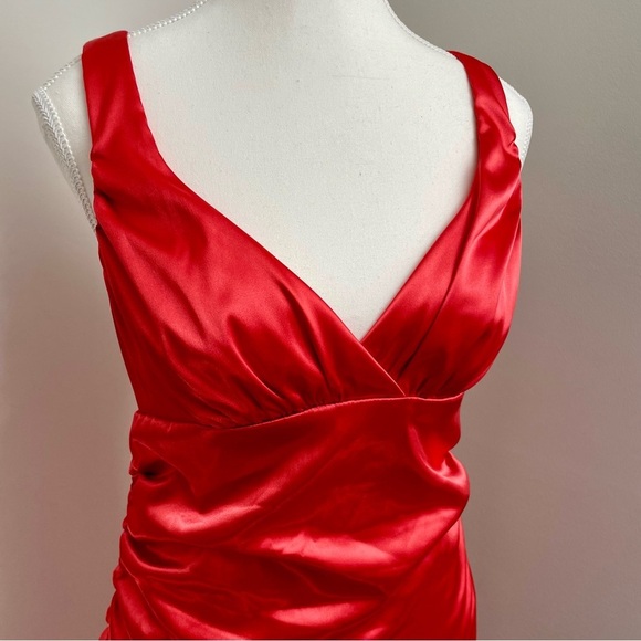 Vintage Y2K B. Smart Satin Ruched Babydoll Bodycon Mini Dress Red Size Medium - Picture 2 of 5